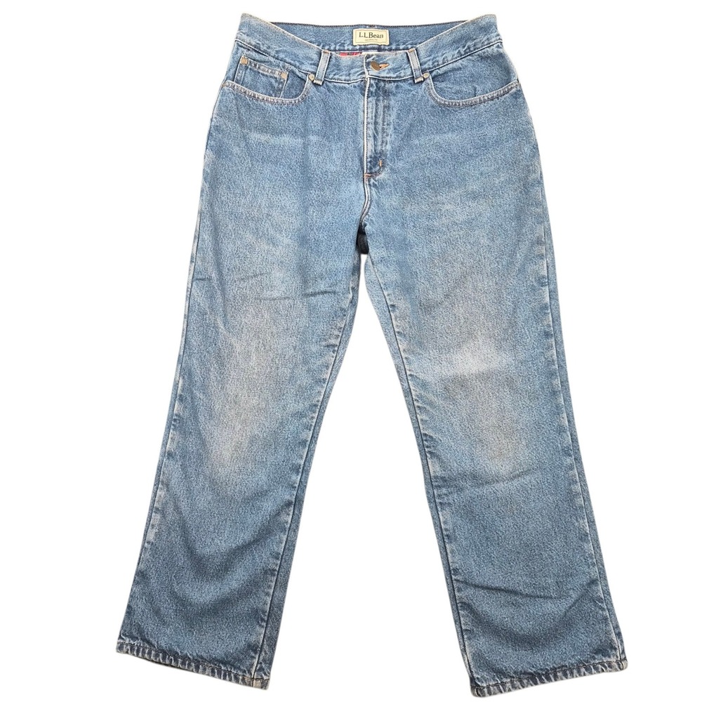 LL Bean Original Fit Flannel Lined Jeans 14 Pet Medium Wash Plaid Denim